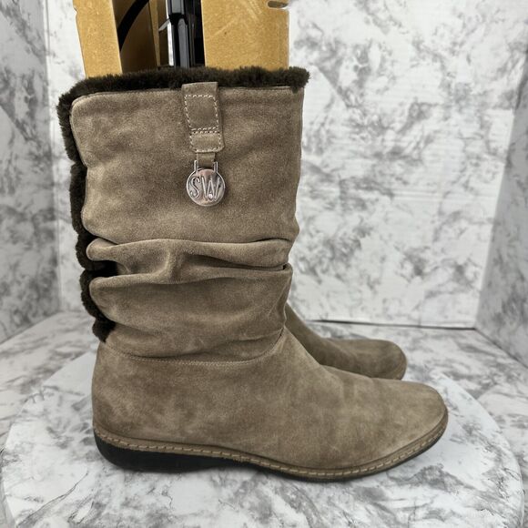 Stuart Weitzman Womans Fur Lined Slouch Mid Calf Boots Size 10 Taupe Brown Suede - Picture 6 of 10